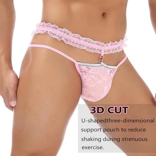 Men's Lace Frilly Sissy Panties Pouch Thong, Feminine G string Underwear For Men Sexy Gay Lingerie Crossdresser Pink