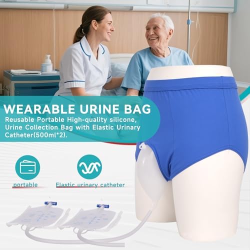 Urine Collector, Incontinence Pants for Men, Wearable Urine Collection Bag for Men, Men's Portable External Catheter Device with Two 500ml Urine Bag Reusable, Portable Leak Proof Leg Pee for Elder, L