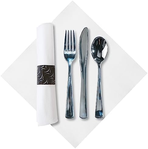 Hoffmaster 119979 FashnPoint CaterWrap Pre-Rolled Dinner Napkin and Heavyweight Cutlery, Crescent, White/Metallic (Case of 100),15.5x15.5 inch