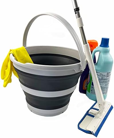 SAMMART 10L (2.6 Gallon) Collapsible Plastic Round Bucket - Foldable Round Tub with Handle- Portable Fishing Water Pail - Pop Up Saving Outdoor Waterpot, Dia.: 13 inches (Grey/Charcoal Black)