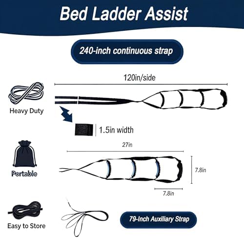 Bed Ladder Assist with 4 Handles, Adjustable Length & Dual-Point Support, Pull Up Helper for Seniors, Pregnant Women, Obese & Injury Recovery, Mobility Aid That Fits Most Beds (120 INCHES) - Gpaidy