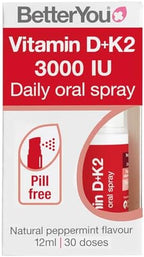 BetterYou D3000 and K2 Vitamin D Daily Oral Spray - Convenient Alternative for Tablets - Supports Bone Health and Boost Immune System - Prevents Blood Clotting - Natural Peppermint Flavor - 0.4 oz