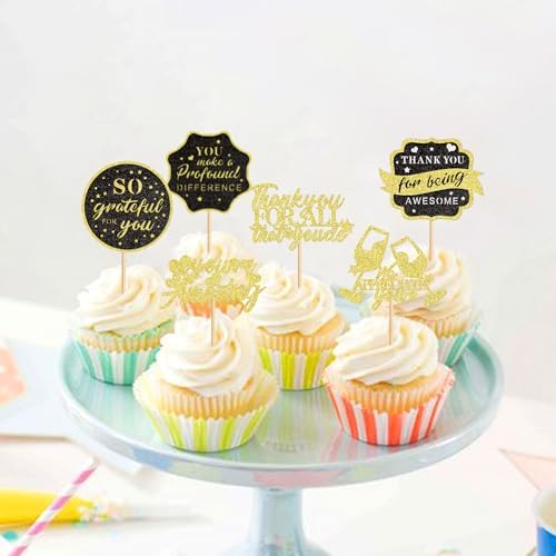 Ercadio 24Pcs We Appreciate You Cupcake Toppers Glitter Black Gold Thank You Being Awesome Retirement Cupcake Decorations Graduation Parents Appreciation Theme Teacher's Mother Father Day Supplies