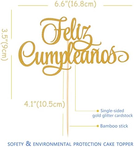 Spanish Feliz Cumpleaños Cake Topper - Gold Glitter Happy Birthday Cake Topper, Single-side Gold Glitter Feliz Cumpleaños Decorations, Fiesta Theme Party Decoration Supplies (GOLD)