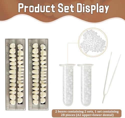 56 Pcs False Teeth Dental Complete Acrylic Resin Denture Teeth, 2 Set Whole Teeth Synthetic Polymer Denture Tooth, 23 Shade A2 Upper + Lower Dental Materials for Replacement, DIY, or Halloween