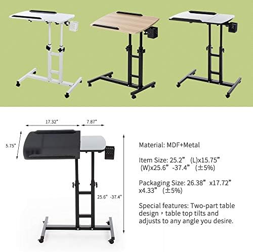 Bedside Table with Wheels, Height-Adjustable Laptop Desk, Computer Workstation, Bed Side Table, Tiltable Table and Mouse pad for Laptop-Light Brown