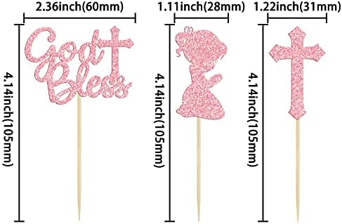 Gyufise 24Pcs Pink Glitter God Bless and Cross Cupcake Toppers Girl Babyshower Cake Topper Decorations for Babyshower Girl Baptism Party Decoration Supplies