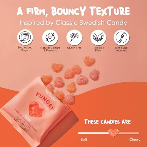 FUNDAY Sour Peach Hearts – 12 x 50g Bags – No Sugar Added – Gluten-Free Sour Candy with Natural Flavors & Prebiotic Fiber