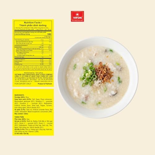 VIFON Chicken Flavor Instant Porridge - 10 Packs Vietnamese Chao Ga Congee Rice Porridge - Vegan, Gluten Free & Halal Instant Breakfast - Quick and Easy to Make Rice Soup Meal