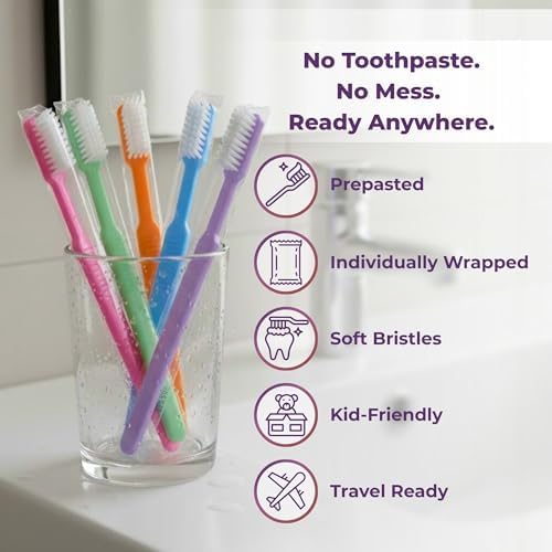 Kids 40 Prepasted Disposable Toothbrushes Individually Wrapped - Single Use Pre Pasted Disposable Toothbrushes with Toothpaste Built in - Waterless Toothbrush for Travel, Guests, Hotel, & Camping