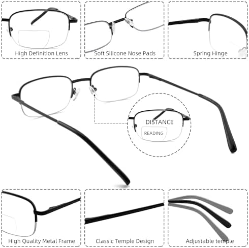 Bifocal Reading Glasses for Men,Lightweight Metal Clear Top Bi-focal Readers Half Frame Far/Near Dual-use Eyeglasses