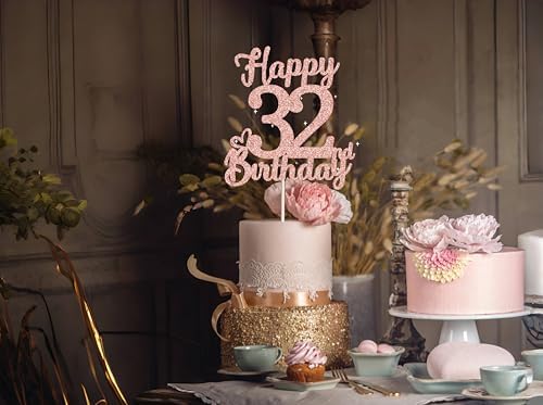 32 Birthday Cake Toppers-Rose Gold Glitter, Happy 32nd Cake Topper for Men,32 Cake decorations For Women, 32 birthday decorations Thirty two