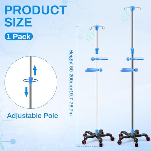 Medical Iv Pole with Wheels, Stainless Steel Adjustable 43.3" to 78.7" Height, Iv Stand with 4 Hook, 5 Caster Base, Tray & Hanging Net for Hospital, Home Infusion Practice and Therapy(Blue,Stylish)