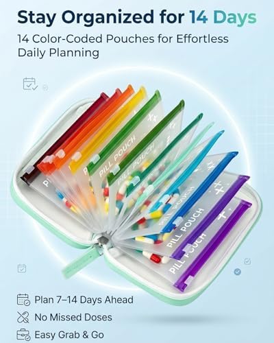 A8 Waterproof Pill Organizer Set, Waterproof Pill Pouch Set, Travel Medicine Organizers with 14 Color-Coded Pouches, Leakproof Reusable Zippered Storage Case, Compact Daily Pills Holder(Pink)