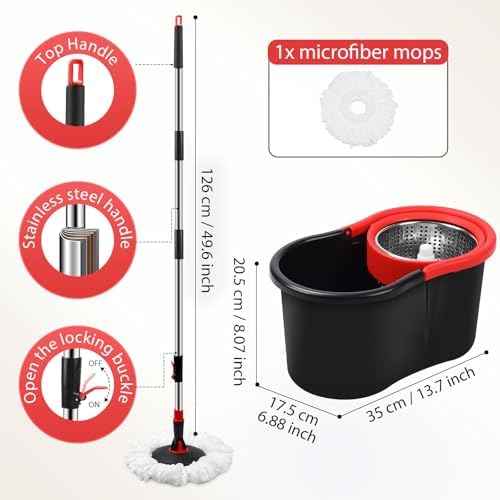 Spin Mop and Bucket, Mop and Bucket with Wringer Set for Home, 360 Spinning Mop Bucket Floor Cleaning Tool with One Microfiber Mop Replacement Head Refills,50" Extended Handle for Floor Cleaning Home