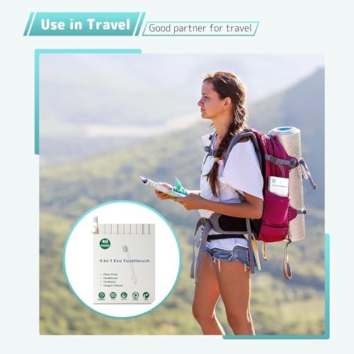 NUDUKO Travel Toothbrush Dental Floss Picks - 4 in 1 Biodegradable Disposable Toothbrushes with Tongue Scraper, Eco-Friendly Individually Wrapped Toothbrush for Adult Kids Travel Oral Care, 80 Pack