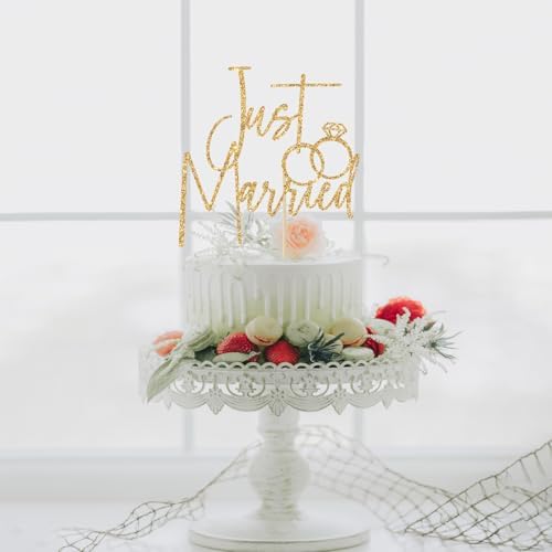 Just Married Cake Topper, Wedding/Marriage/Engagement Party Decoration Supplies, Just Engaged, Bride & Groom, Bridal Shower Cake Topper Gold Glitter