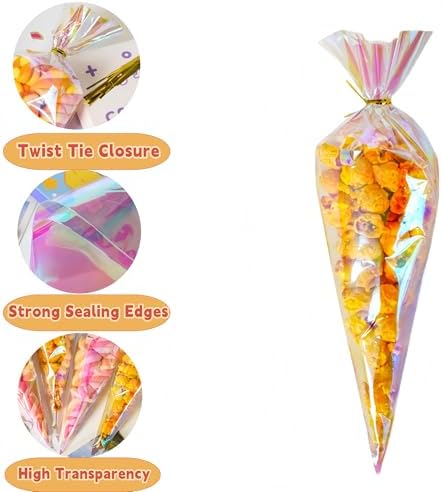 FERENLI 50 Pcs 6.1x10 inch Cone Shaped Iridescent Holographic Cellophane Treat Bags with Twist Ties Plastic Goodie Bags for Candy Popcorn Snack Birthday Party Favors Packaging (Iridescent Clear)