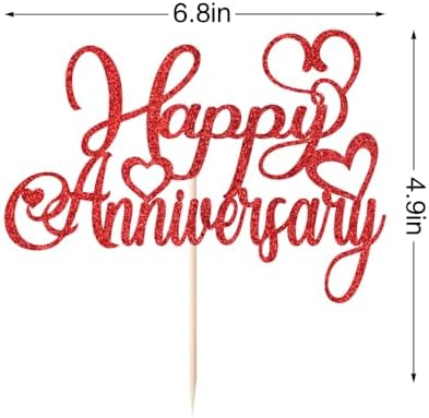 1 PCS Happy Anniversary Cake Topper，Glitter Wedding Anniversary Cake Decorations，Company Anniversary Party Decoration Supplies (Red)