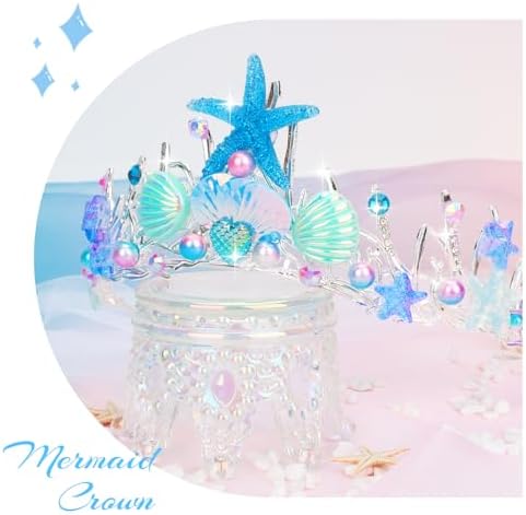 YARIEW Mermaid Crown, Costume Tail, Starfish, Fish Scales, Seashell Hair Accessories for Girls, Wide Headband, Birthday Party Gifts