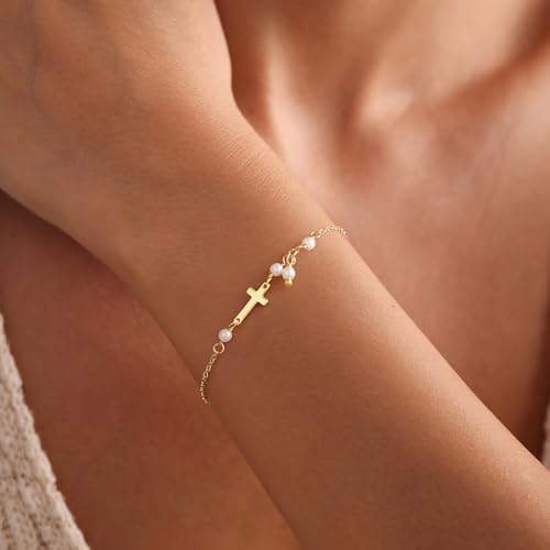 Turandoss Gold Cross Bracelets for Women - 14K Gold Plated Satellite Bead CZ Pearl Holy Mary Medal Cross Bracelet Dainty Bracelets for Women Faith Jewelry Christian Baptism Religious Gifts
