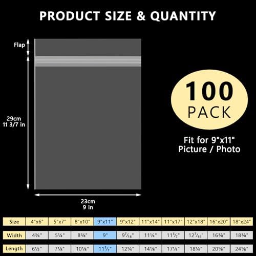 AUEAR 100Pack 9"x11" Clear Plastic Sleeves, Acid Free 1.6Mil Crystal Resealable Bags for 8.5x11 Photos, Art Prints, Papers