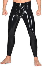 Men Black Latex Rubber Tight Long Pants Trousers with Detachable Codpiece Crotch Inside Openning JJ Hole