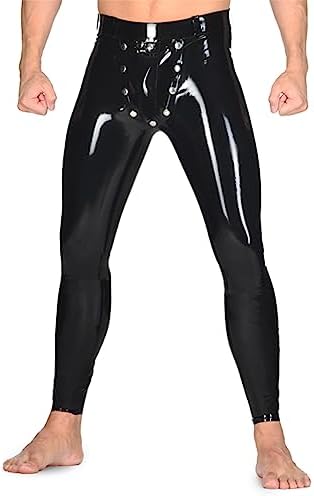 Men Black Latex Rubber Tight Long Pants Trousers with Detachable Codpiece Crotch Inside Openning JJ Hole