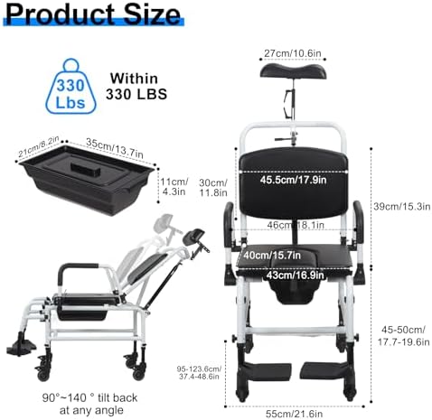 Reclining Shower Chair with Wheels, Commodes Wheelchair Toilet Chair with Headrest Padded Seat Flip-up Arm and Foot Rests,Tilt Rolling Shower Chairs for Elderly, Disabled, Handicap