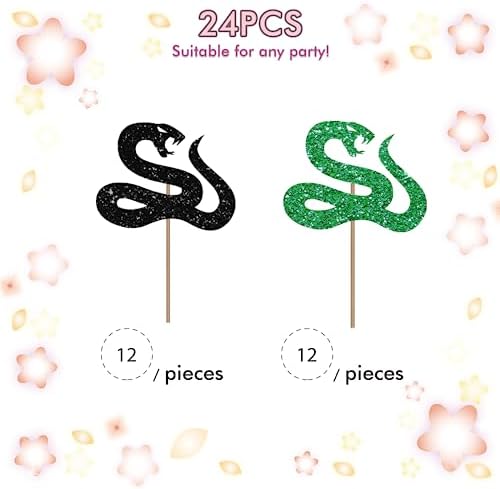 Set of 24 Snake Cupcake Toppers for Reptile Pet Theme Party, Black & Green Glitter Snake Sign Cupcake Toppers, Cake Decorations for 1st Birthday/Animal Theme Party Supplies