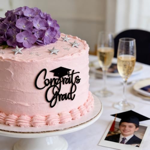 Congrats Grad Cake Topper, Gold Acrylic Graduation Cake Decoration Cake Pick Congrats Grad Cake Charm for Class of 2026 Graduations Party Decorations Supplies (Black)