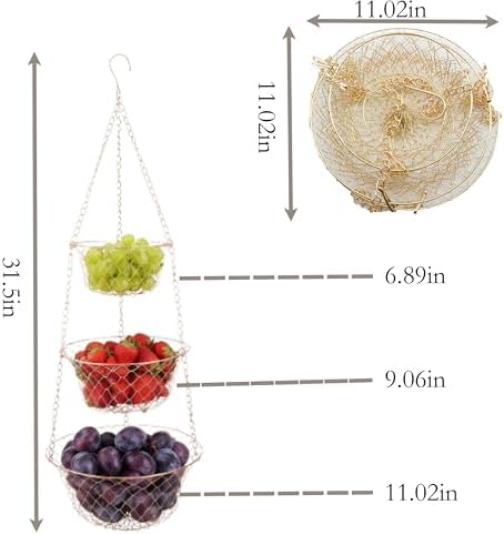 3-Tier Copper Hanging Basket for Kitchen & Bathroom Maximize Space with This Foldable Fruit & Veggie Organizer; Rust-Resistant Storage for Pantry, Counter, or Balcony