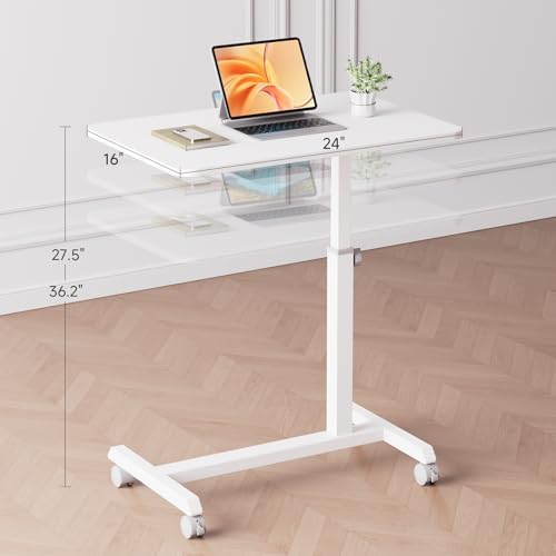 GTPLAYER Mobile Small Standing Desk, Sit Stand Portable Rolling Laptop Desk with Lockable Wheels, Adjustable Height Overbed Bedside Table Computer Workstations, White