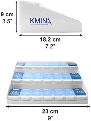 KMINA Extra Large Pill Organizer 3 Times a Day, Weekly Medicine, 7 Day Pills Box Case with Push Button for Big Vitamin Supplements, Patented, Made in Europe
