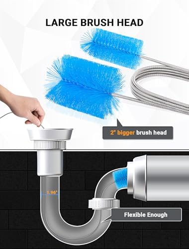 Flexible Long Drain Brush Tool with Large Double Elastic Nylon Ends, Stainless Steel Tube Cleaner Brush for Kitchen, Sink, Drain Pipe, and Long Pipe Cleaning, 2 Straw Cleaning Brushes
