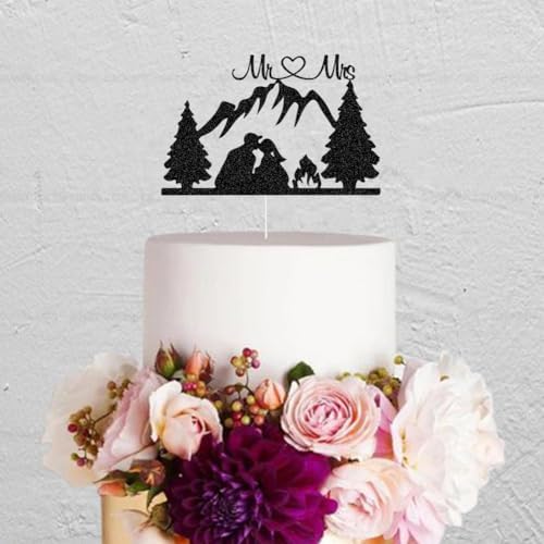 Mountain Wedding Cake Topper - Outdoors Romantic Hiking Mr & Mrs Cake Decor, Groom Kissing Bride, Forest Theme Wedding Party Decorations Black Glitter