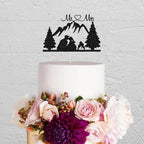 Mountain Wedding Cake Topper - Outdoors Romantic Hiking Mr & Mrs Cake Decor, Groom Kissing Bride, Forest Theme Wedding Party Decorations Black Glitter