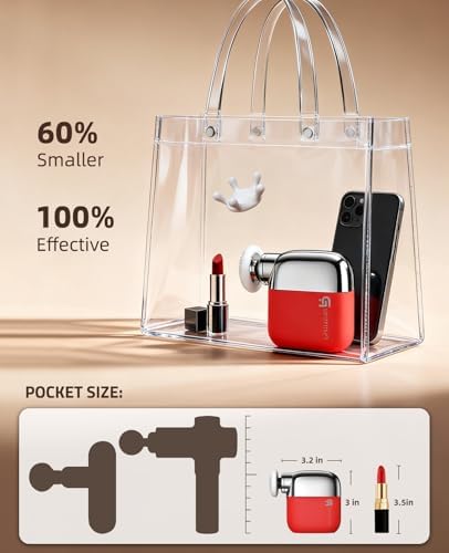 Mini Massage Gun, Pocket Sized Deep Tissue Percussion Muscle Massager, 0.4lb Ultra-Lightweight Portable Handheld Massage Gun for Travel, Gym, Office, 3 Speeds, 4 Heads, Red