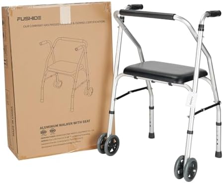 Standard Walker,Aluminum Folding Lightweight Walkers with Seat Support up to 300lbs,Adjustable Height with 5-inches, 2-Wheels Narrow Walkers for Seniors&Handicapped,Black,YMX8236XC