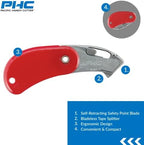 Pacific Handy Cutter PSC2 Pocket Safety Cutter Box of 12 Red Compact Design with Integrated Bladeless Tape Splitter Self-Retracting Safety Point Blade for Boxes Tape String Paper or Plastic PSC2-300