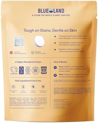 BLUELAND Laundry Detergent Tablets, 36 Count, Plastic-Free Eco-Friendly Pods, Sheets, Liquid Alternative - Fragrance Free and Clear, Natural, Gentle
