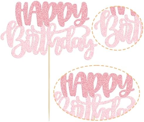 Gyufise 1Pcs Happy Birthday Cake Topper Glitter Cake Pick for Celebrating Anniversary Theme Party Cake Decorations Supplies Pink