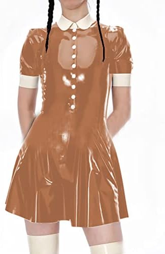 Female Turndown Collar Leather Dress Casual Short Sleeve Mini Dress Buttons PVC Dress,Light Brown,S