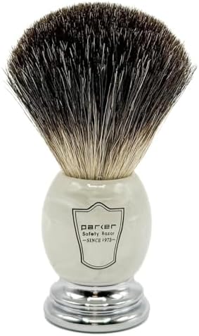 Parker 100% Black Badger Bristle Shaving Brush with Ivory Marbled Handle - Brush Stand Included