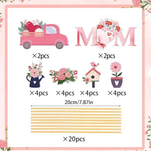 20 Pcs Mother's Day Heart Floral Picks Pink Mom Flowers Cake Toppers Signs Sticks Bouquet Tabletop Centerpiece Decoration for Home Vase Filler Mom Birthday DIY Photo Prop Party Supplies