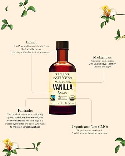 Taylor & Colledge Organic Madagascan Vanilla Extract, Fairtrade, ACO Certified Organic, Pure Vanilla Flavoring for Baking & Cooking, 1.7 fl oz (50ml)