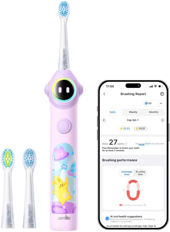 usmile Q30 Kids Sonic Electric Toothbrush, Voice-Guided Full-Mouth Coaching, Missed Spot Alerts & Smart App Reports, Extra-Soft Brush Heads, USB-C Rechargeable, IPX8 Waterproof (Ages 3–12, Purple)