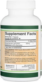 Bacopa Monnieri Capsules 20% Bacosides 450mg, 90 Count (Non-GMO, Gluten Free) Brahmi Extract (Memory Supplement for Brain Health, Focus, and Cognitive Function) by Double Wood