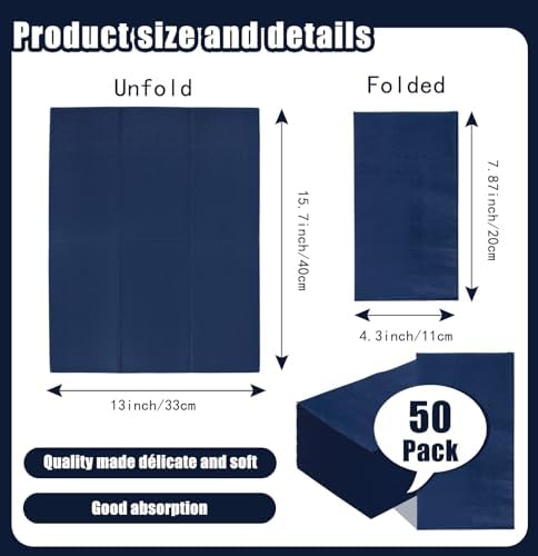 SietDESEO 50 Pieces 3-ply Navy Blue Napkins Disposable 13 x 15.7 Inches Guest Bathroom Napkins Disposable Hand Towels for Bathroom Wedding Birthday Party Paper Dinner Napkins