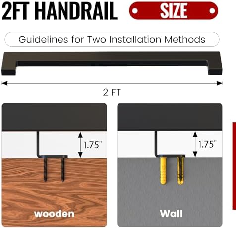 Dawn Railing 2FT Black Rectangle Staircase Handrail Wall Mounted Stair Railing Indoor, ADA Compliance Stainless Steel Handrails for Indoor Stairs, Black Powder-Coated Finish for Stair Porch Steps